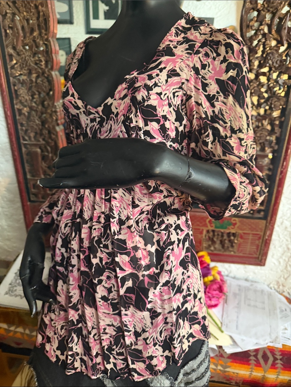 Floral Pink and Black V-Neck Blouse